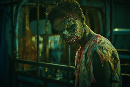 Angry bloody zombie man in destroyed city. Zombie apocalypse. Halloween. Horror movie.の写真素材