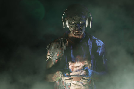 A brutal zombie man in headphones uses his smartphone standing in the light of the full moon. Life...
