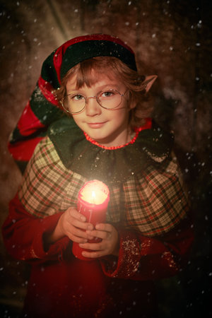 Magic winter fairy tale. A cute little elf boy stands by a snow-covered wooden hut in the forest with a candle in his hand. Waiting for a Christmas miracle.の写真素材