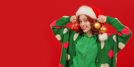 Christmas and New Year! A cute cheerful girl with bright red hair in Santa cap and green clothes holds christmas balls and smiles. Christmas sales and events. Red background with copy space.の写真素材