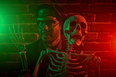 Science fiction novel, horror. A scary man with scars on his face - an obsessed scientist stands in his laboratory with a skeleton in his hands. Frankenstein monster. Halloween.の写真素材