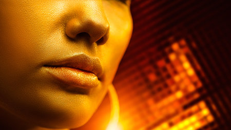 Close-up of the face of a girl with golden skin on a dark glowing gold-red background. Luxury...