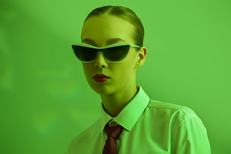 Fashion photo of a gorgeous young woman posing in a white shirt, red tie and stylish elegant sunglasses against a bright green studio background. Successful people. Elegant business style.の写真素材