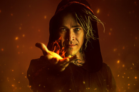 A male shaman in ethnic clothing with a hood stretches his hand forward with fire coming out of it,...