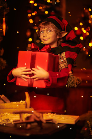 Christmas tale. Little cute elf boy packs wooden toys into gift boxes. Santa Claus workshop. Magic...