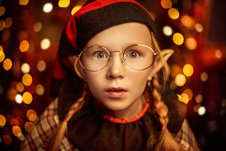 A funny and surprised girl elf stands in a fabulous Christmas setting and looks at the camera. Magic lights flickering around. Christmas tale.の写真素材