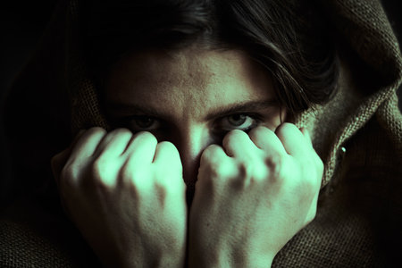 Portrait of a dark-haired girl, wrapping her head and face in burlap canvas and looking intently into the camera. Human suffering, war.の写真素材