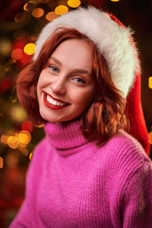 A happy beautiful girl smiles in the magical atmosphere of Christmas. Merry Christmas and Happy New Year! Sparkling background, lights.の写真素材