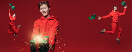 Christmas and New Year celebration. A set of photos of a happy handsome teenage boy in red casual...