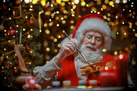 Santa Claus workshop. Portrait of Santa Claus painting toys for gifts to children while being at home, beautifully decorated in honor of Christmas. Christmas and New Year concept.の写真素材