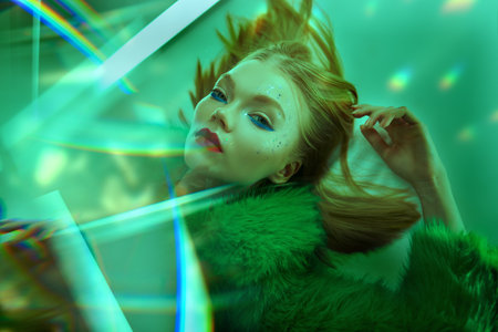 Brilliant sparkling makeup and high fashion. Beautiful fashion model with creative glitter makeup posing in a fur coat in the light of neon lamps.の写真素材