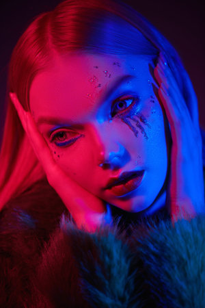 Portrait of a stunning girl with glitter makeup, glitter tears and sequins on her face in neon...