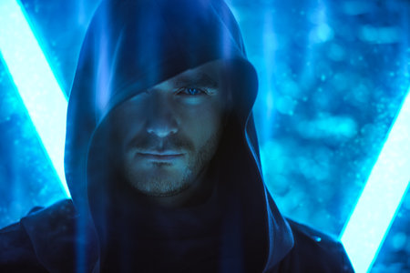 A brutal man with a brave look, dressed in a black robe with a hood on his head, stands in the light of neon lamps. Fantasy hero. Science fiction about space and the future world. Cyber theme.の写真素材