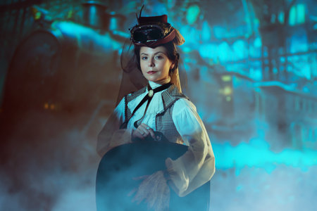 Portrait of an elegant lady in a 19th century suit and a hat posing at the railway station. Steampunk lady. Historical fashion and hairstyle. Adventure novel, steampunk science fiction.の写真素材