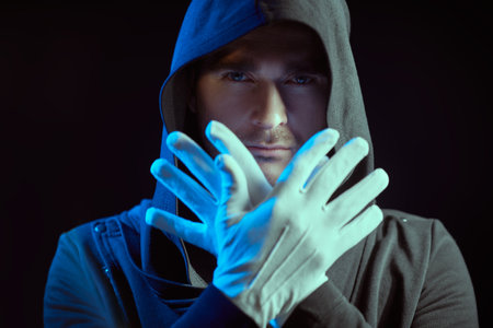 Portrait of a brutal man with a black hood on his head, who looks directly into the camera and raises his hands in white gloves in front of his face. Black studio background. Underworld. Magician.の写真素材