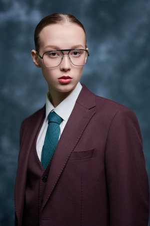 Elegant business style. Gorgeous young woman posing in an elegant brown pantsuit with a tie and white shirt. Dark studio background. Successful people. Fashion photo.の写真素材