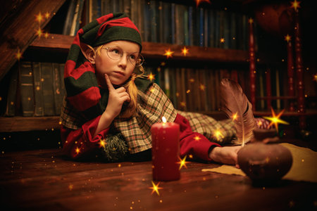 A thoughtful little elf girl sits in a cozy room with festive decorations writing a list of things...