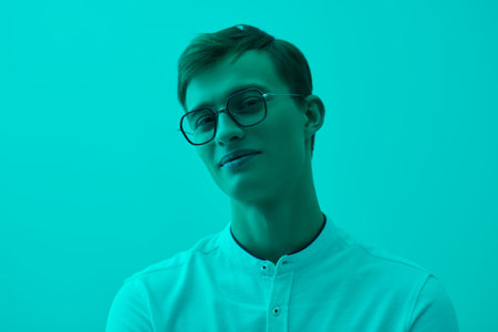 Young handsome blond man in an elegant white shirt and stylish glasses smiles at the camera....