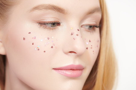 Close-up portrait of a beautiful smiling blonde girl with light makeup and lovely glitter freckles...