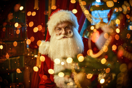 Merry Christmas and Happy New Year! Kind Santa Claus is standing behind a Christmas tree in a room...