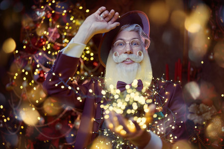 Magic Christmas and New Year. Portrait of a handsome modern Santa Claus with an elegant festive beard and mustache, wearing a hat, stylish suit and glasses surrounded by golden lights. Fashion.の写真素材