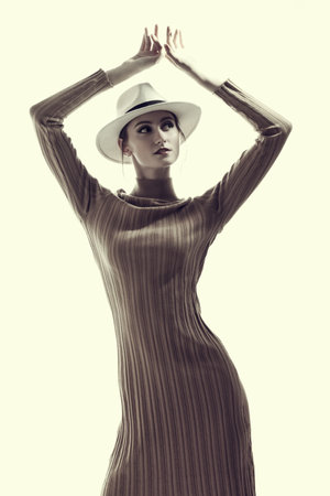 Stylish slim lady in a tight beige dress and white hat posing on a white studio background. Elegant Fashion.の写真素材