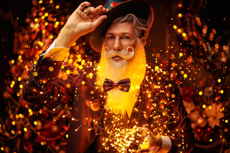 A shot of a handsome modern Santa Claus with an elegant festive beard and mustache, wearing a hat,...
