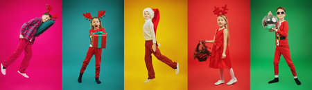 Christmas and New Year's set of photos of cute holiday children on bright colorful studio...