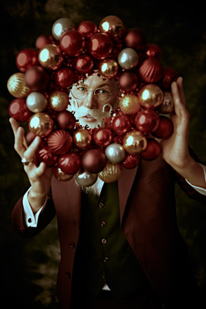 Christmas and New Year. Santa Claus in a smart three-piece suit with elegant white beard and mustache holding a Christmas ball wreath on his head. Dark background with lights. Fashion and style.の写真素材