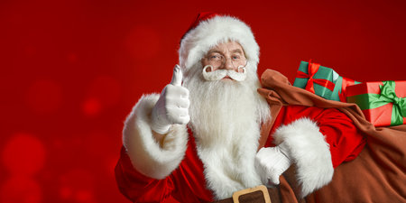 A portrait of kind Santa Claus with a big bag of gifts on a festive red studio background with copy space. Christmas and New Year.の写真素材