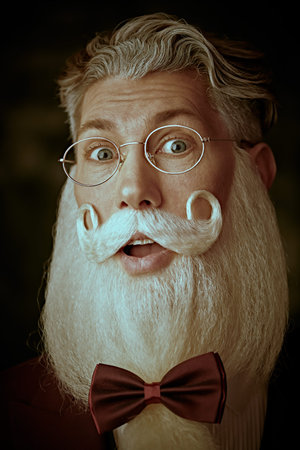 Close-up shot of a surprised well-groomed Santa Claus in glasses with elegant white beard and...