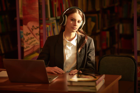 A cute girl student in black and white uniform studies in a library sitting at a table with...
