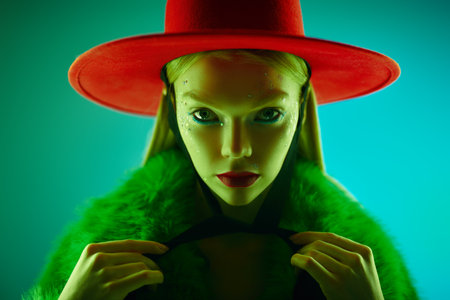 High fashion and style. Stunning fashion model girl with creative glitter makeup and blonde hair posing in a stylish green fur coat and red hat in neon light. Studio portrait on a blue background.の写真素材