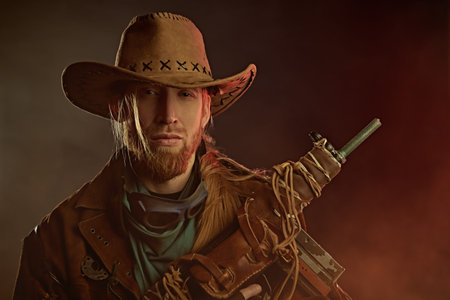 Post-apocalyptic cowboy survivor. Portrait of a brutal man in a leather coat and a cowboy hat with a...