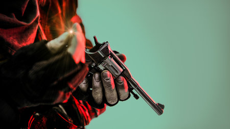 Close-up shot of a revolver in hands of a man. Post apocalyptic period. Weapon for surviving. Light green background with copy space.の写真素材