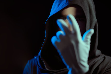 Portrait of a focused man with a confident look, dressed in a black robe with a hood on his head and white gloves. Cyber theme. Bitcoin, cryptocurrency.の写真素材