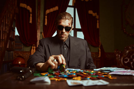 A tough gangster man in an elegant black suit and sunglasses sits in a luxury apartment and plays cards. Retro style. The criminal world of the mafia. Detective movie.の写真素材