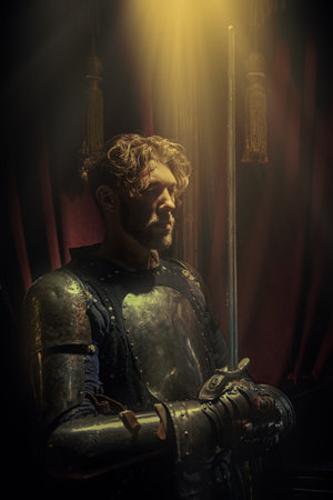 The hero of a chivalric novel. A noble medieval knight in armor stands in a castle with a sword in...