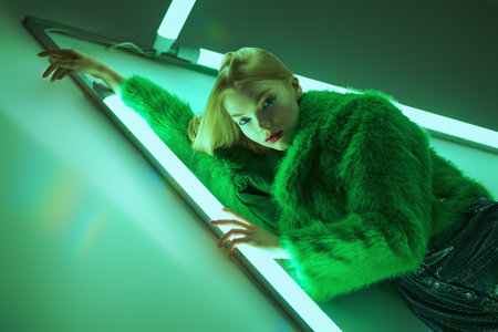 Beautiful stylish fashion model with creative glitter makeup posing in a stylish green fur coat and a shiny evening dress in the light of neon lamps. Brilliant sparkling makeup and high fashion.の写真素材