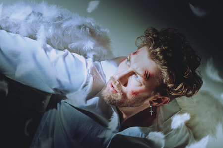 Portrait of a furious Fallen Angel with wounds on his face surrounded by dark light. Valentine's...