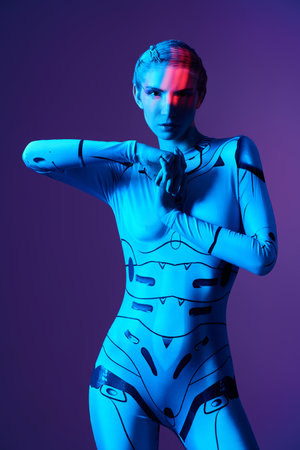 Virtual cyberspace. A beautiful cyberpunk girl in a tech jumpsuit standing in neon blue light....