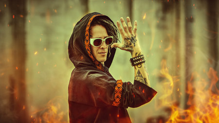A shot of an expressive mature man with dreadlocks, tattoos and sunglasses in black clothes with...