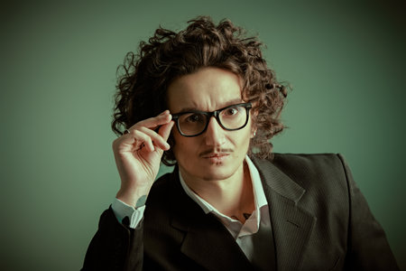 A stylish Italian man with an extraordinary appearance. Portrait of a man with dark curly hair and a small mustache, dressed in a classic black suit, white shirt and glasses. Retro style.の写真素材