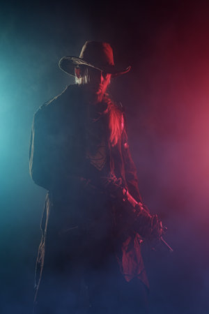 Post apocalyptic cowboy. A furious man in a leather coat, cowboy hat and goggles with a rifle standing on a dark background with red light and haze.の写真素材