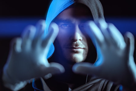 Portrait of a focused man with a confident look, dressed in a black robe with a hood on his head and white gloves. Cyber theme. Bitcoin, cryptocurrency.の写真素材