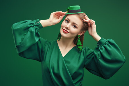 Cute young woman in a green leprechaun hat and a green dress for a Saint Patrick's Day. Studio portrait on a green background.の写真素材