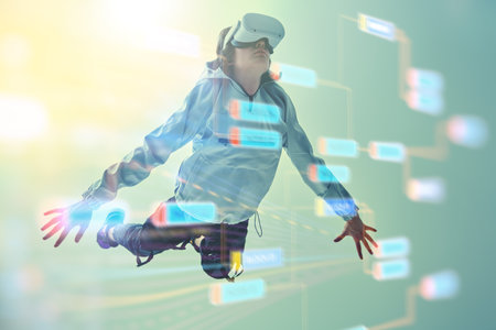 Games with VR. A modern teenage boy flies through the air wearing virtual reality glasses, immersing...