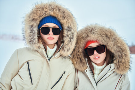 Portrait of two fashion model girls posing in white downy overalls against outdoors. Alpine skiing, active winter recreation. Winter fashion.の写真素材