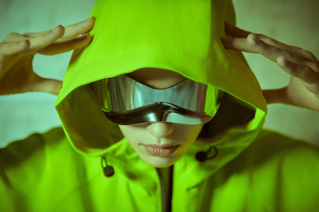 Portrait of a modern hip-hop dancer. Stylish girl in green hoodie and sunglasses poses at studio on a grunge background. Youth style.の写真素材