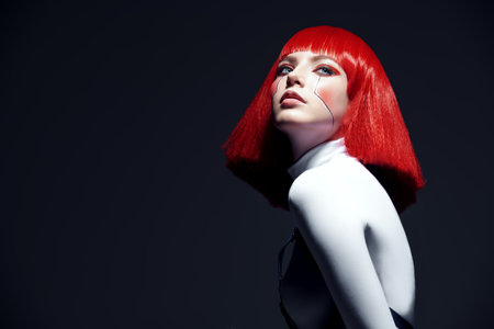 Cyberpunk concept. Portrait of a beautiful cyberpunk girl with bright red makeup and red hair posing in white bodysuit against a dark studio background with copy space. Virtual games. Makeup and hairstyle.の写真素材